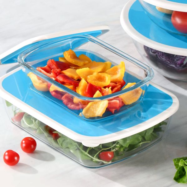 Food Storage Containers - 2 Piece Rectangle Tempered Glass Food Storage Containers with Plastic Rubber Lid - (1.1L and 2.9L)