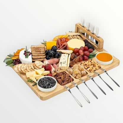 Bamboo Cheese Board Set - 14 Piece Including Cheese board, Ceramic Dishes, Forks and Cheese knives