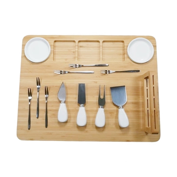 Bamboo Cheese Board Set - 14 Piece Including Cheese board, Ceramic Dishes, Forks and Cheese knives