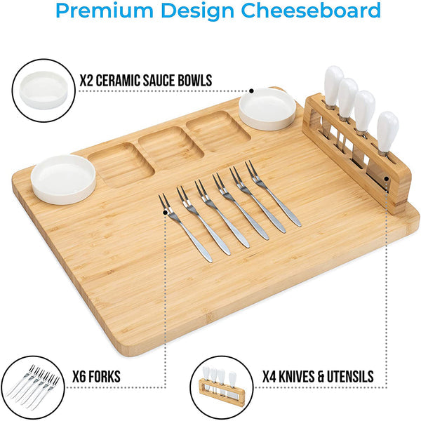 Bamboo Cheese Board Set - 14 Piece Including Cheese board, Ceramic Dishes, Forks and Cheese knives