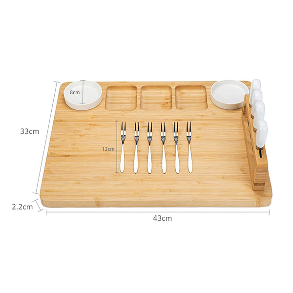 Bamboo Cheese Board Set - 14 Piece Including Cheese board, Ceramic Dishes, Forks and Cheese knives