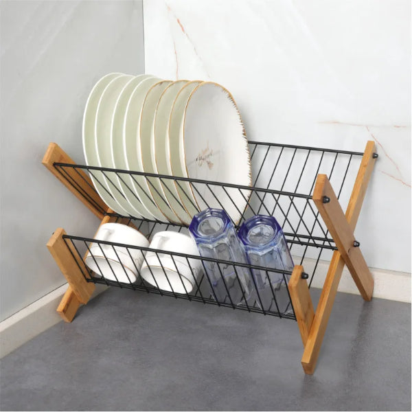 Dish Drying Rack - Bamboo Dish Rack Folding 2-Tier Collapsible Drainer Dish Drying Rack