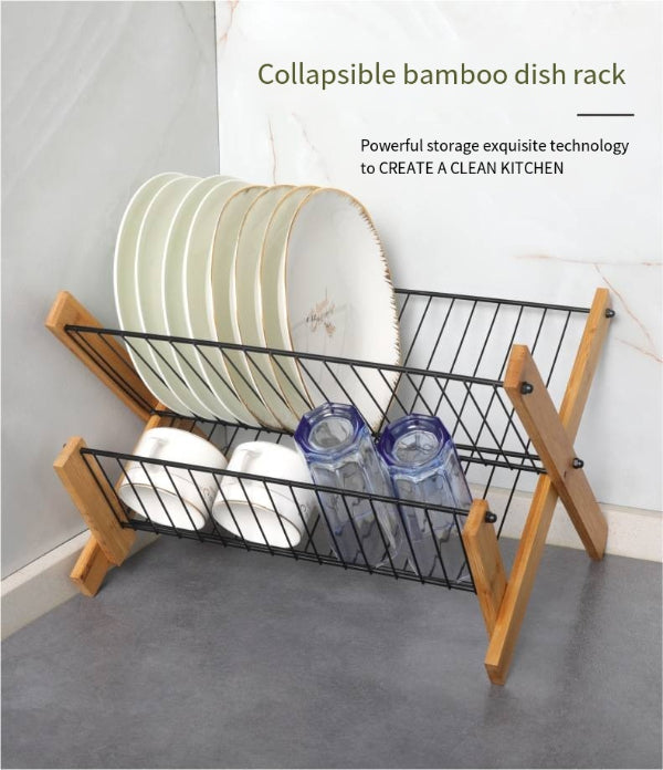 Dish Drying Rack - Bamboo Dish Rack Folding 2-Tier Collapsible Drainer Dish Drying Rack