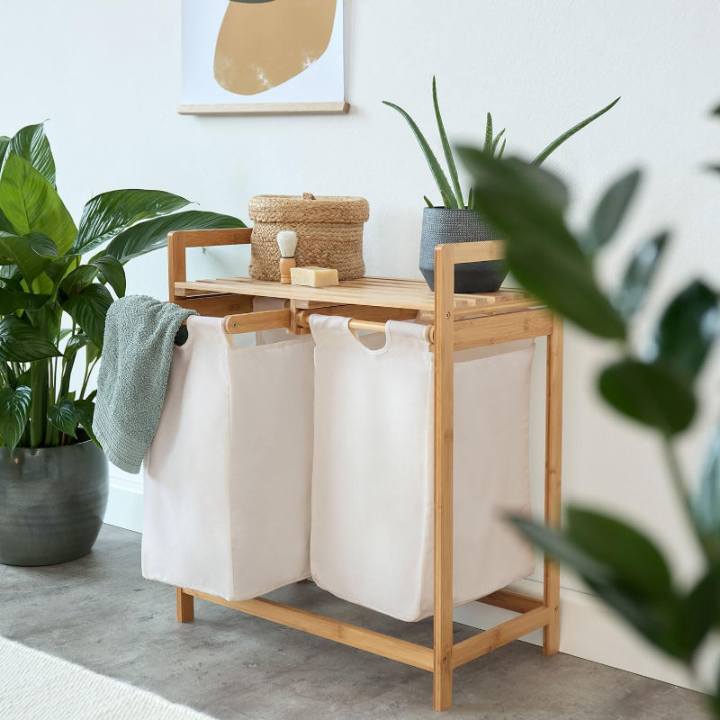 Bamboo Laundry Basket with 2 Extendable Laundry Bags