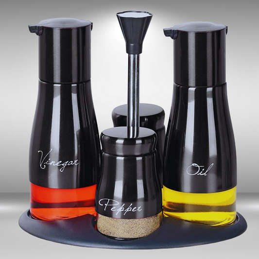 Kitchen Condiment Set - Black Modern Design Airtight Spices Storage Canister Set of 4 Pcs and Stand