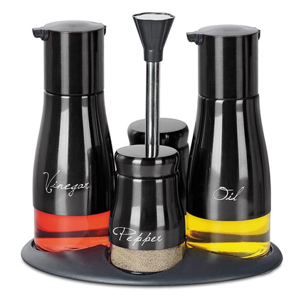 Kitchen Condiment Set - Black Modern Design Airtight Spices Storage Canister Set of 4 Pcs and Stand