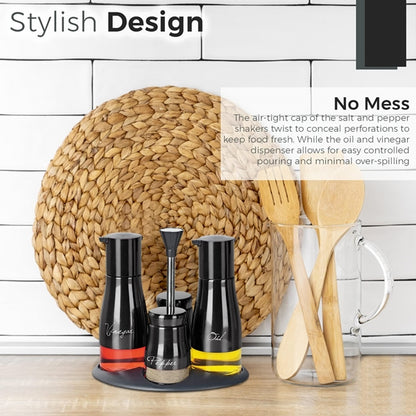 Kitchen Condiment Set - Black Modern Design Airtight Spices Storage Canister Set of 4 Pcs and Stand