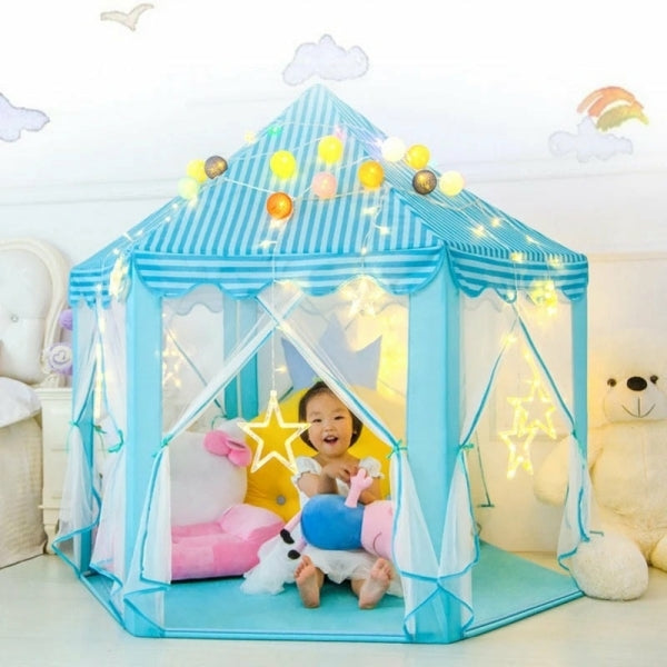 Blue Kids Castle Play Tent - Hexagon Playhouse Castle Play Tent Indoor Outdoor with Star Lights and Plastic Balls