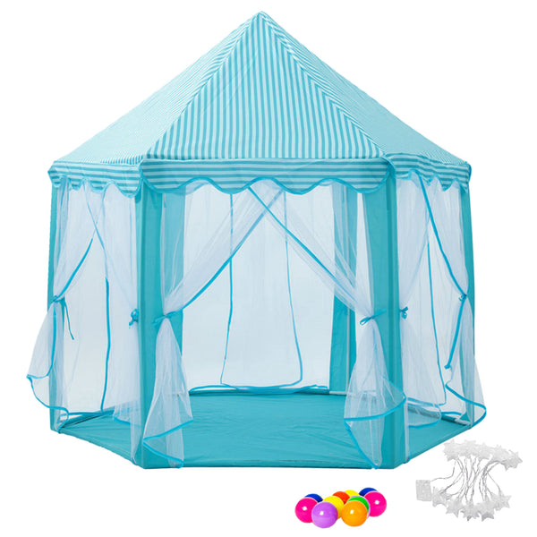 Blue Kids Castle Play Tent - Hexagon Playhouse Castle Play Tent Indoor Outdoor with Star Lights and Plastic Balls