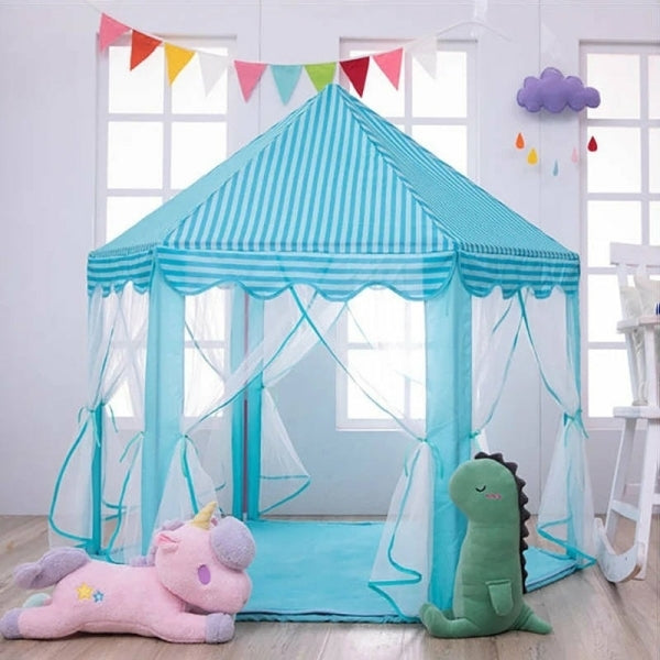 Blue Kids Castle Play Tent - Hexagon Playhouse Castle Play Tent Indoor Outdoor with Star Lights and Plastic Balls