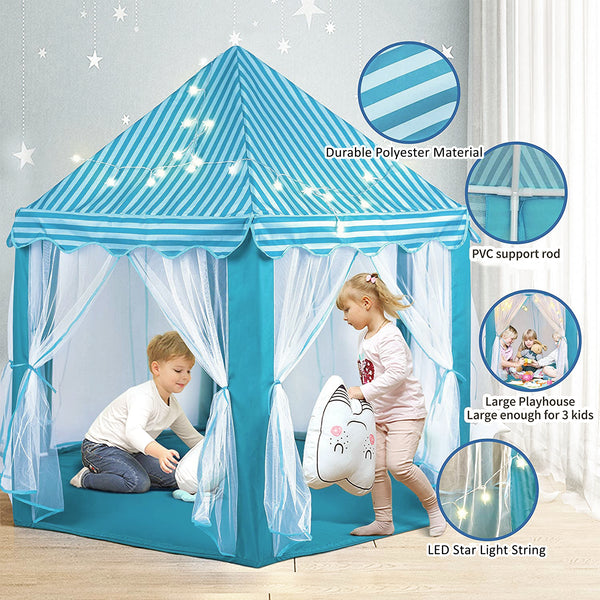 Blue Kids Castle Play Tent - Hexagon Playhouse Castle Play Tent Indoor Outdoor with Star Lights and Plastic Balls