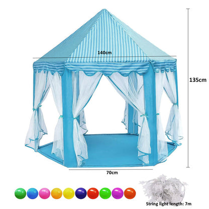 Blue Kids Castle Play Tent - Hexagon Playhouse Castle Play Tent Indoor Outdoor with Star Lights and Plastic Balls