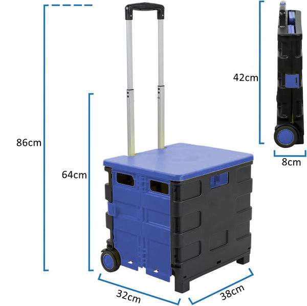 Utility Cart Trolley - Blue Folding Two-Wheeled Rolling Retractable Hand Utility Cart Trolley with Lid Cover for Shopping