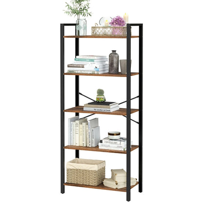 Bookshelf Storage Rack - Industrial Style Rustic Brown and Black 5-Tier Bookshelf Storage Rack with Steel Frame