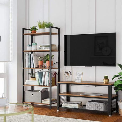 Bookshelf Storage Rack - Industrial Style Rustic Brown and Black 5-Tier Bookshelf Storage Rack with Steel Frame