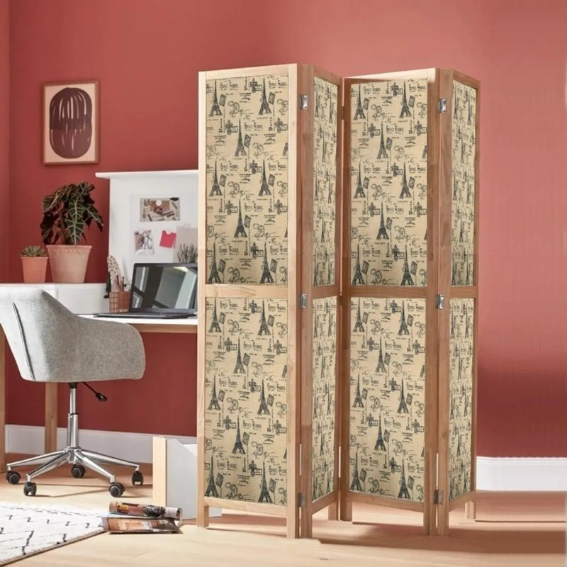 Partition Room Divider - 4 Panel See-through Printed Hessian Folding Screen Room Divider with Solid Wooden Frames