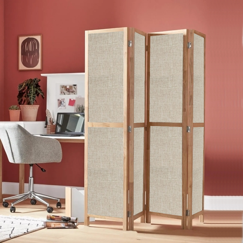 Partition Room Divider - 4 Panel Fabric Folding Screen Room Divider with Solid Wooden Frames