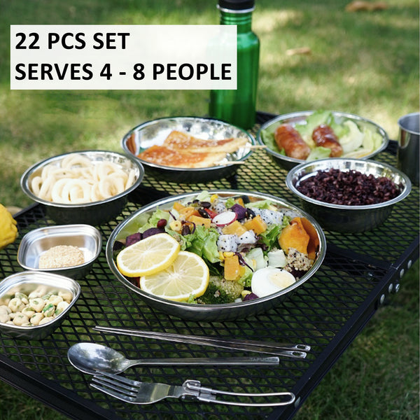 Camping Tableware Set - Portable Set of 22 Stainless Steel Camping Tableware