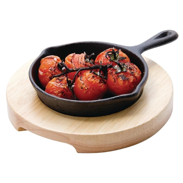 Cast Iron Pan - Mini Round Sizzler Cast Iron Pan Platter Hot Serving Plate with Wood Serving Board