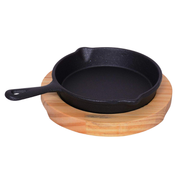 Cast Iron Pan - Mini Round Sizzler Cast Iron Pan Platter Hot Serving Plate with Wood Serving Board