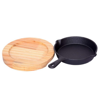 Cast Iron Pan - Mini Round Sizzler Cast Iron Pan Platter Hot Serving Plate with Wood Serving Board