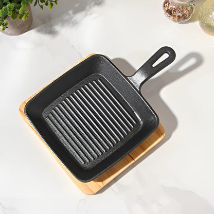 Cast Iron Pan - Square Skillet Cast Iron Pan with Handle and Wooden Base Board