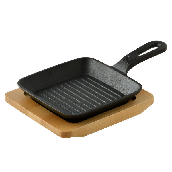 Cast Iron Pan - Square Skillet Cast Iron Pan with Handle and Wooden Base Board