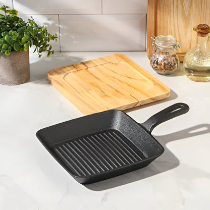 Cast Iron Pan - Square Skillet Cast Iron Pan with Handle and Wooden Base Board