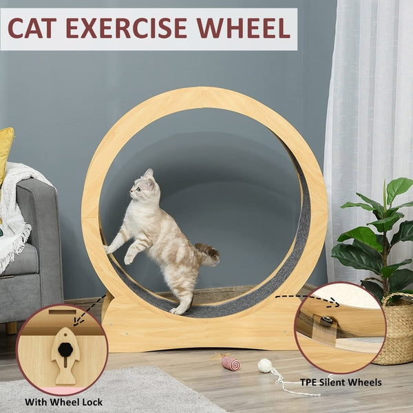 Cat Exercise Running Wheel - Wooden Cat Fitness Exercise Treadmill Roller with Carpet Runway