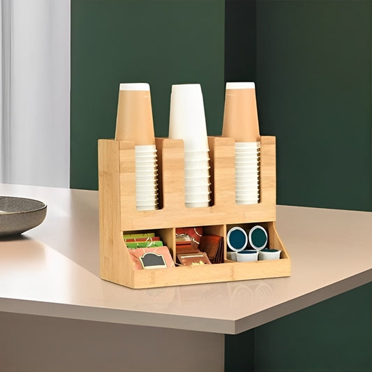 Coffee Station Organizer - 6 Compartments Condiment Bamboo Coffee Station Organizer