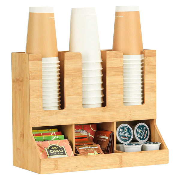 Coffee Station Organizer - 6 Compartments Condiment Bamboo Coffee Station Organizer