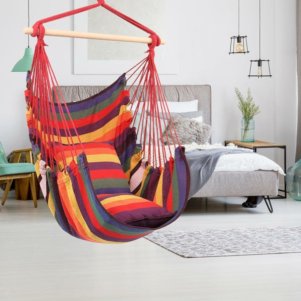 Colorful Hammock Swing Chair - Hanging Rope Chair Swing Hammock Cotton with Soft Pillows