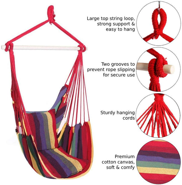 Colorful Hammock Swing Chair - Hanging Rope Chair Swing Hammock Cotton with Soft Pillows