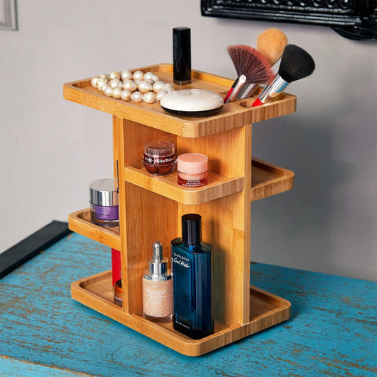 Rotating Countertop Bamboo Bathroom Cosmetic Display Organizer