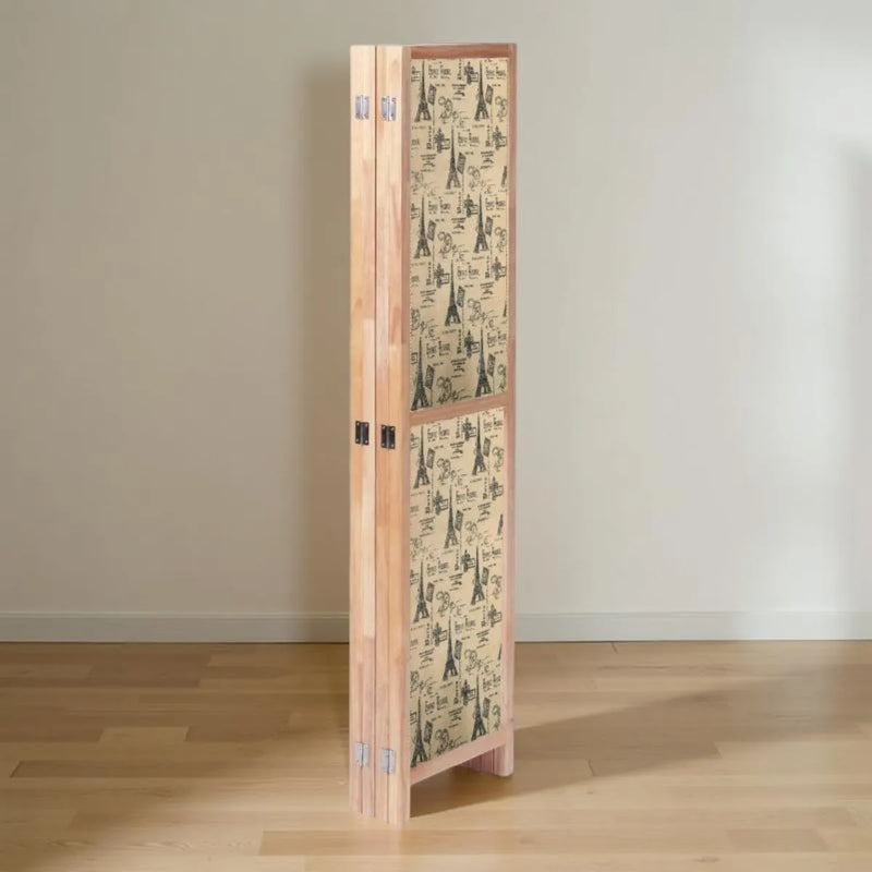 Partition Room Divider - 4 Panel See-through Printed Hessian Folding Screen Room Divider with Solid Wooden Frames