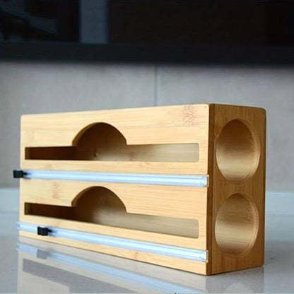 Double Layer Bamboo Plastic Cling Wrap Dispenser with Cutter