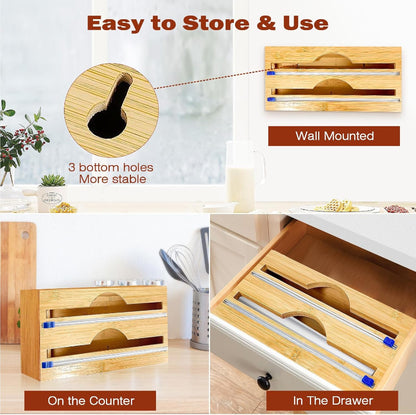 Double Layer Bamboo Plastic Cling Wrap Dispenser with Cutter
