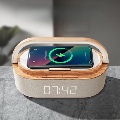 Fashionable Smart Alarm Clock with Adjustable Nightlight, Fast Wireless Charging, FM Radio, and Speaker