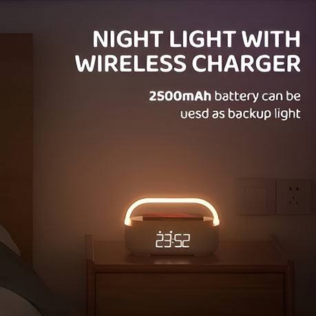 Fashionable Smart Alarm Clock with Adjustable Nightlight, Fast Wireless Charging, FM Radio, and Speaker