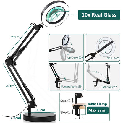 Flexible Clamp-on Table Magnifying Glass with Light and Stand