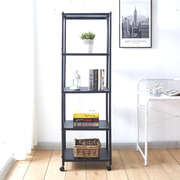 Shelf Storage Organizer - Freestanding Black Metal Thin Narrow Tall 5-Tire Shelf Storage Organizer