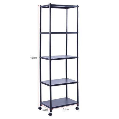 Shelf Storage Organizer - Freestanding Black Metal Thin Narrow Tall 5-Tire Shelf Storage Organizer