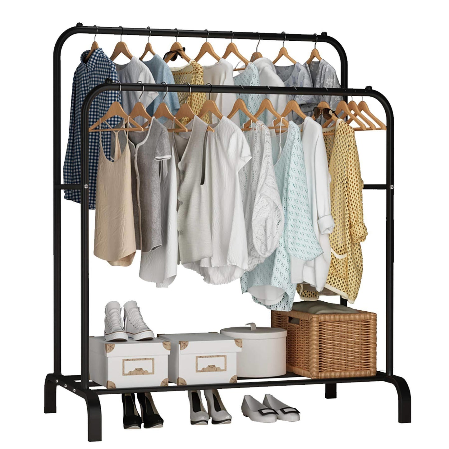 Metal Garment Rack - Freestanding Hanger Double Pole Multi-Functional Bedroom Clothing