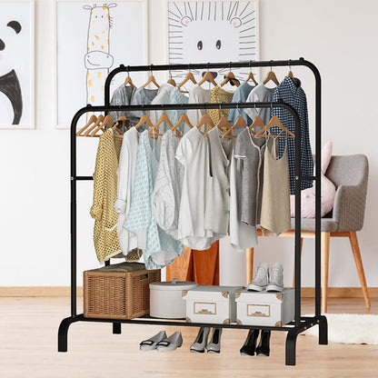 Metal Garment Rack - Freestanding Hanger Double Pole Multi-Functional Bedroom Clothing