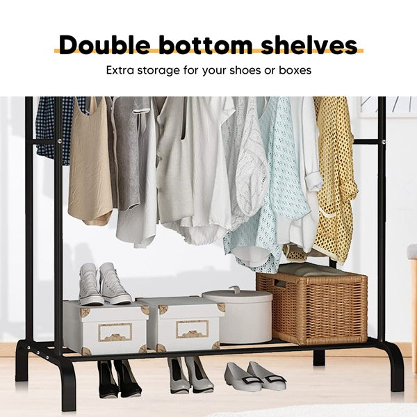 Metal Garment Rack - Freestanding Hanger Double Pole Multi-Functional Bedroom Clothing