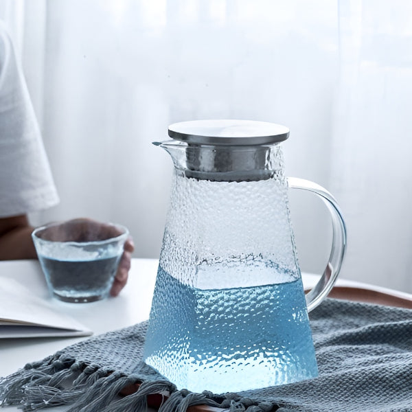 Borosilicate Glass Pitcher - Hand Crafted 1.5 Litre Borosilicate Glass Beverage Pitcher with Stainless Steel Lid