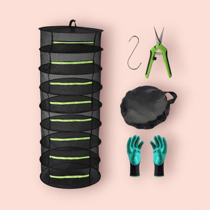 Herb Drying Rack - 8 Layer Collapsible Mesh Hanging Drying Net with Zipper, Garden Gloves, Pruning Scissor and S Hook