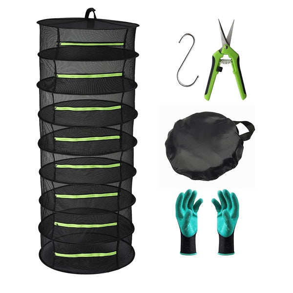 Herb Drying Rack - 8 Layer Collapsible Mesh Hanging Drying Net with Zipper, Garden Gloves, Pruning Scissor and S Hook