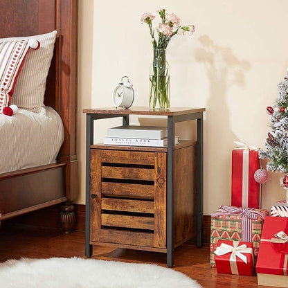 Side End Table - Industrial Style Rustic Brown and Black Bedside Table with Open Shelf