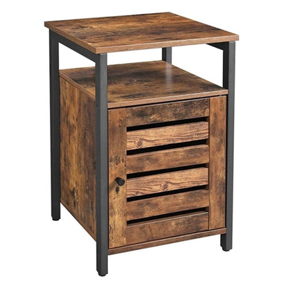 Side End Table - Industrial Style Rustic Brown and Black Bedside Table with Open Shelf